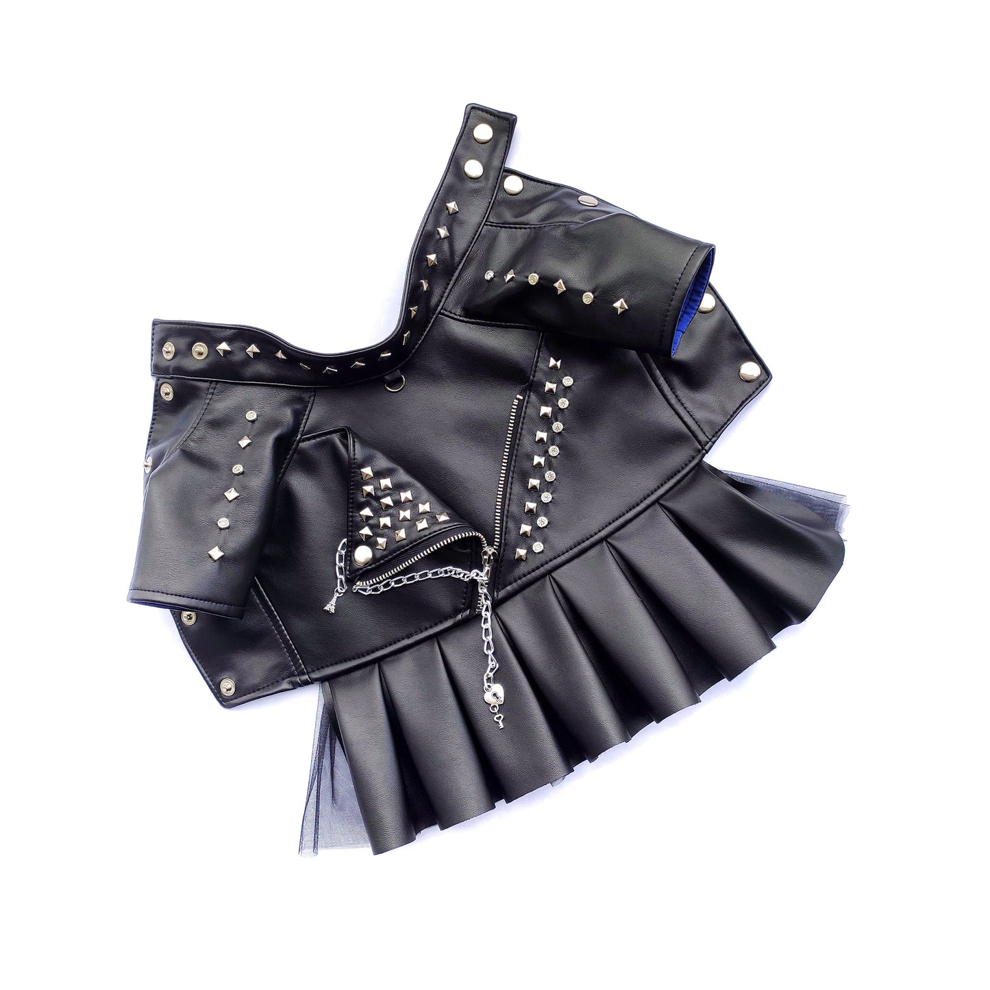 Handmade Biker Leather Jacket Dress for Dogs β Rocker Style Dog OutfitSmall dog wearing handmade black leather biker jacket dress
Rock-style dog outfit