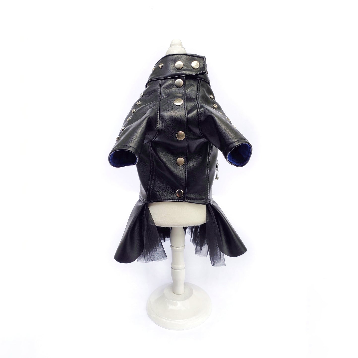 Handmade Biker Leather Jacket Dress for Dogs β Rocker Style Dog OutfitSmall dog wearing handmade black leather biker jacket dress
Rock-style dog outfit