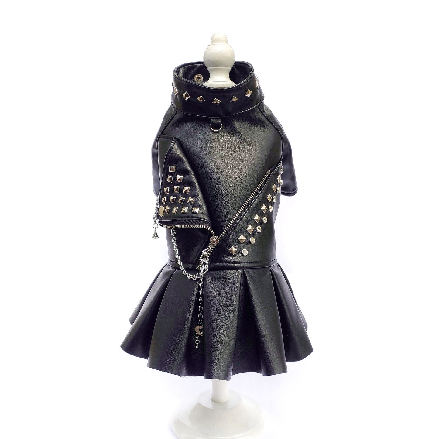 Handmade Biker Leather Jacket Dress for Dogs β Rocker Style Dog OutfitSmall dog wearing handmade black leather biker jacket dress
Rock-style dog outfit