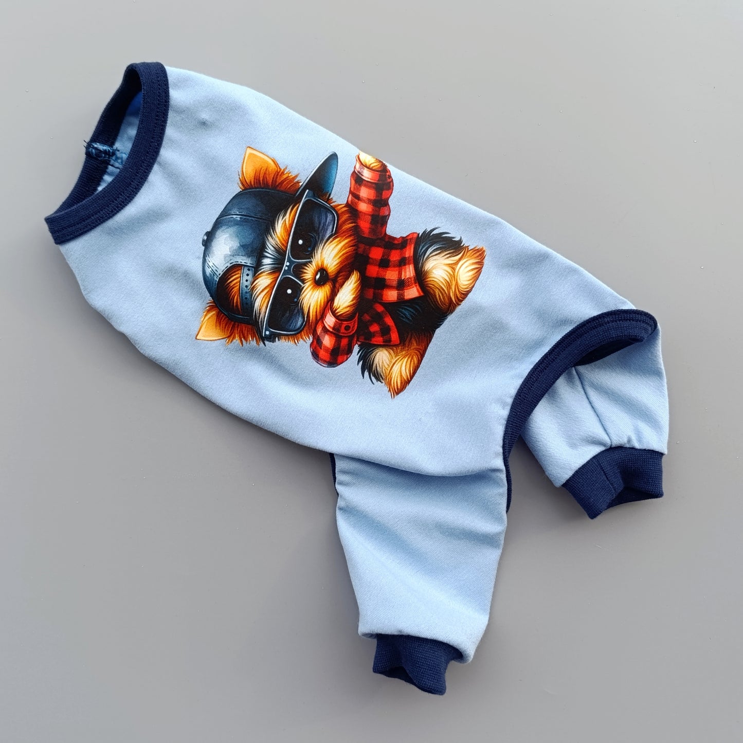 Boy dog jumpsuit. Summer dog onesie with print
