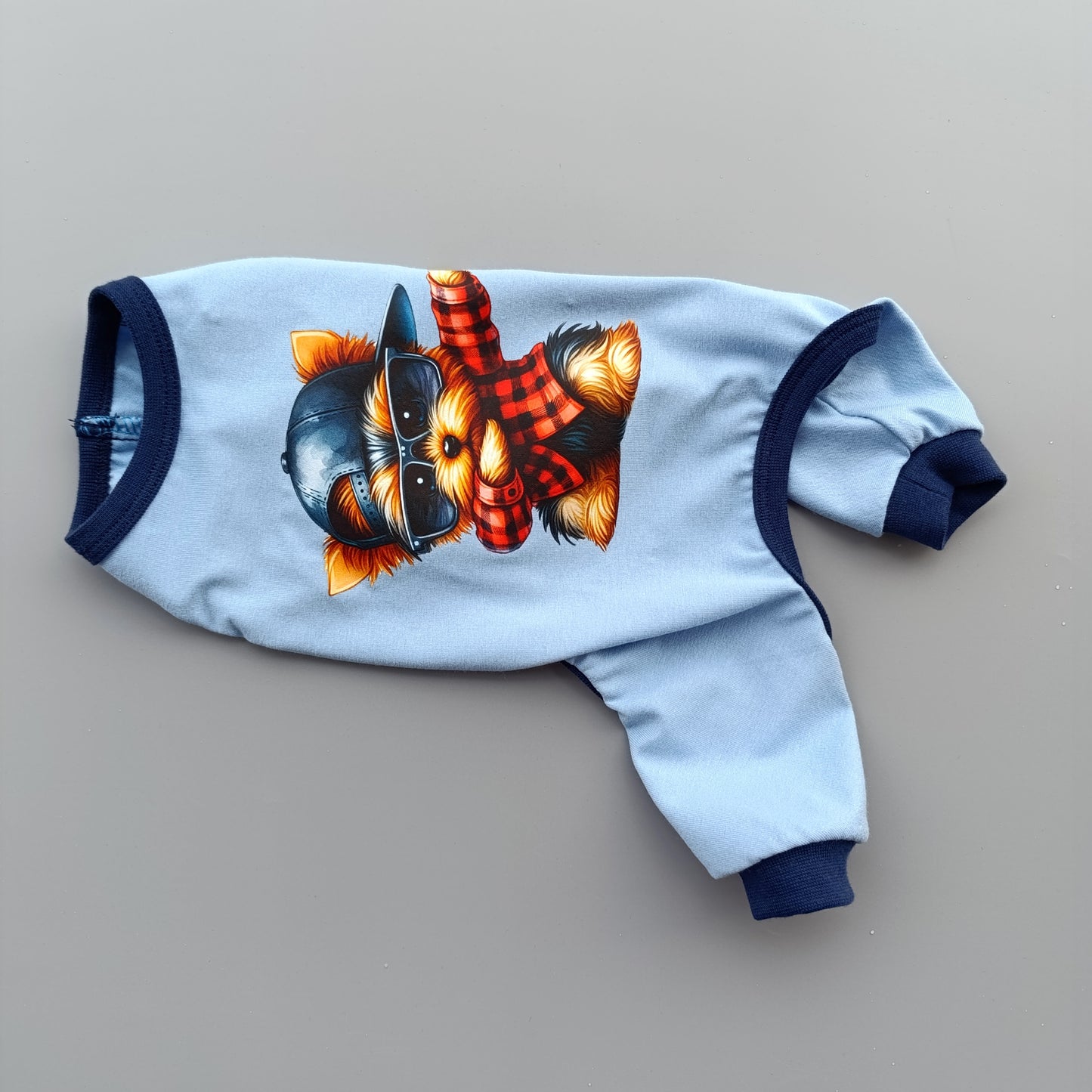 Boy dog jumpsuit. Summer dog onesie with print