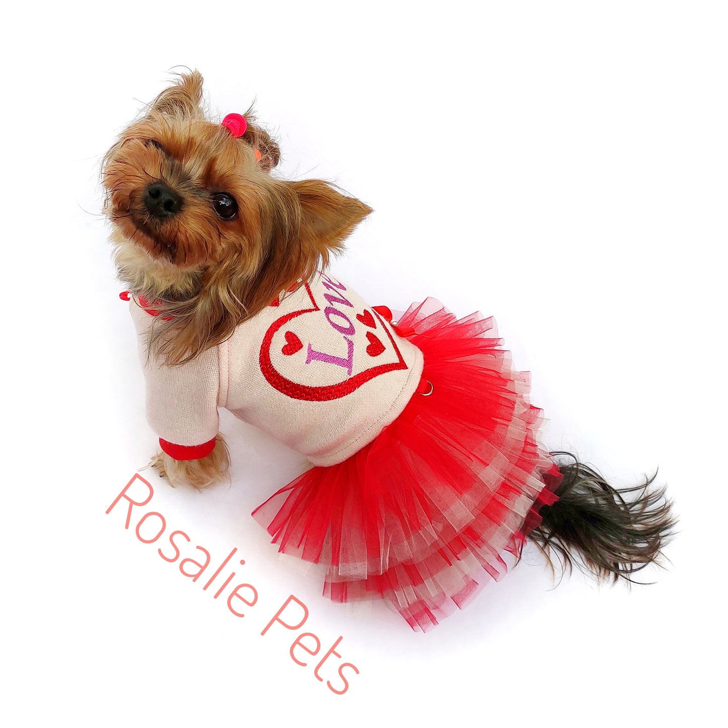 Romantic Knit Dog Dress with Heart Embroidery & Tulle Skirt