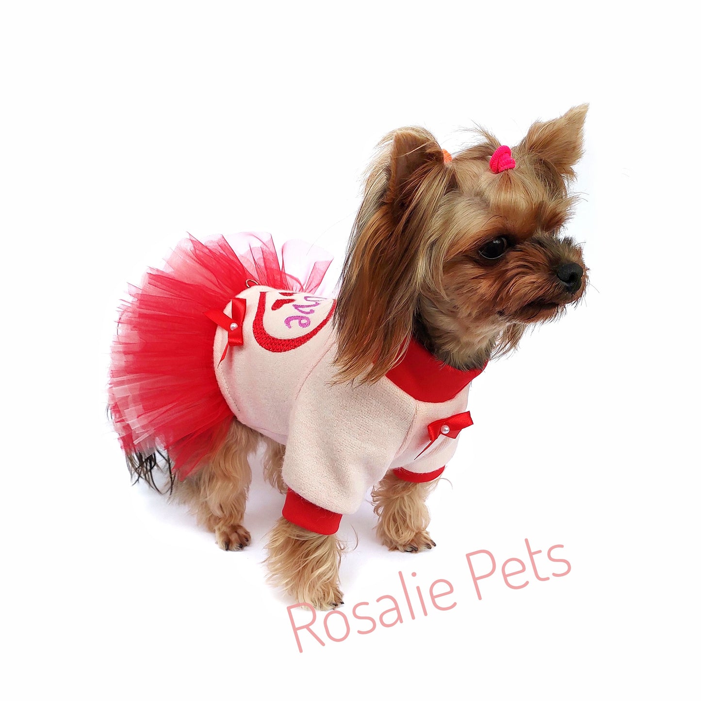 Romantic Knit Dog Dress with Heart Embroidery & Tulle Skirt