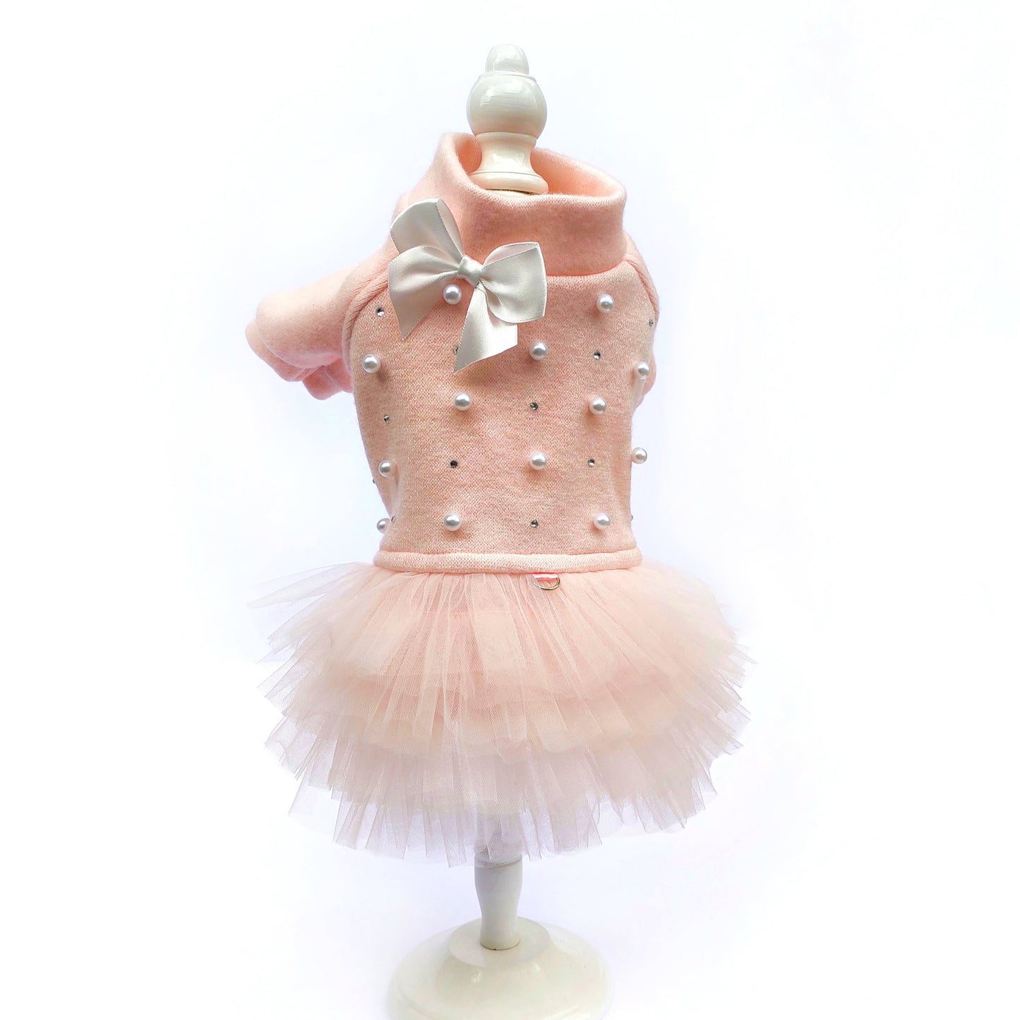 Peach tulle dog dress for small dogs – warm knit fabric with pearls and rhinestones, luxury outfit for toy breeds. Cute dog clothes