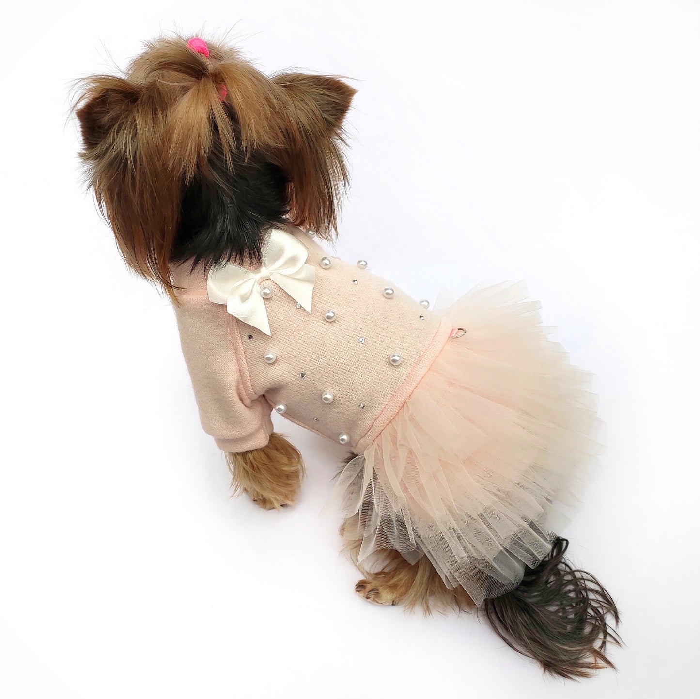 Peach tulle dog dress for small dogs – warm knit fabric with pearls and rhinestones, luxury outfit for toy breeds. Cute dog clothes