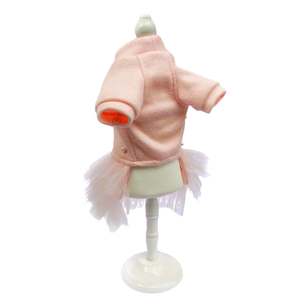 Peach tulle dog dress for small dogs – warm knit fabric with pearls and rhinestones, luxury outfit for toy breeds. Cute dog clothes