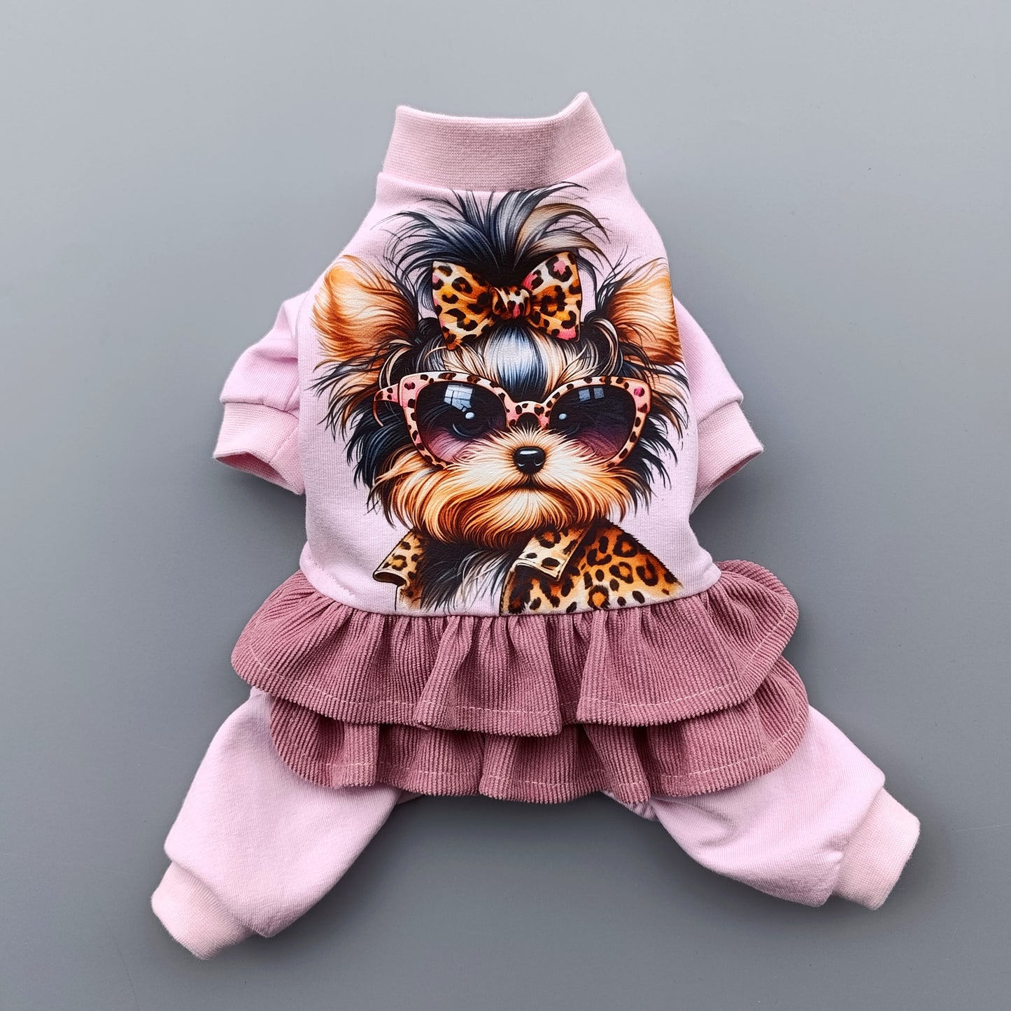 Girl Dog Jumpsuit with Cute Yorkie Print. Stylish dog overall. Yorkie clothes