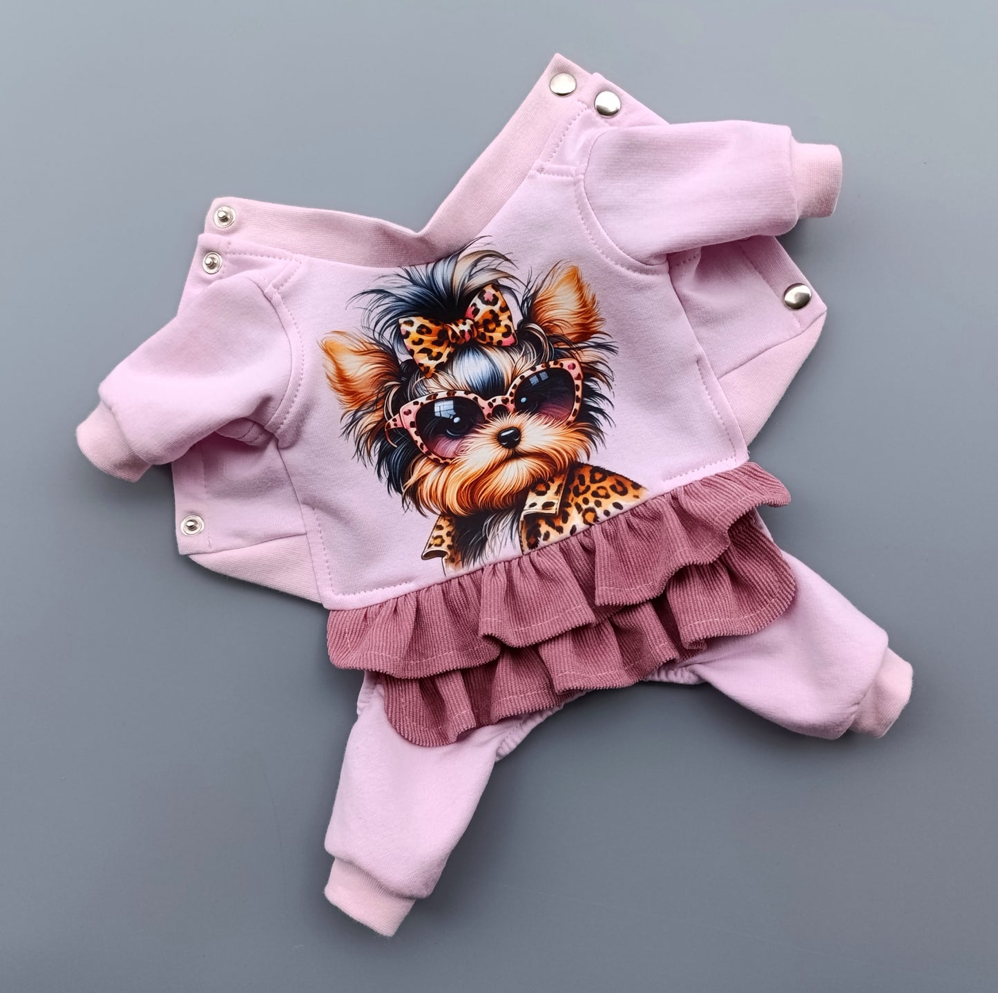 Girl Dog Jumpsuit with Cute Yorkie Print. Stylish dog overall. Yorkie clothes