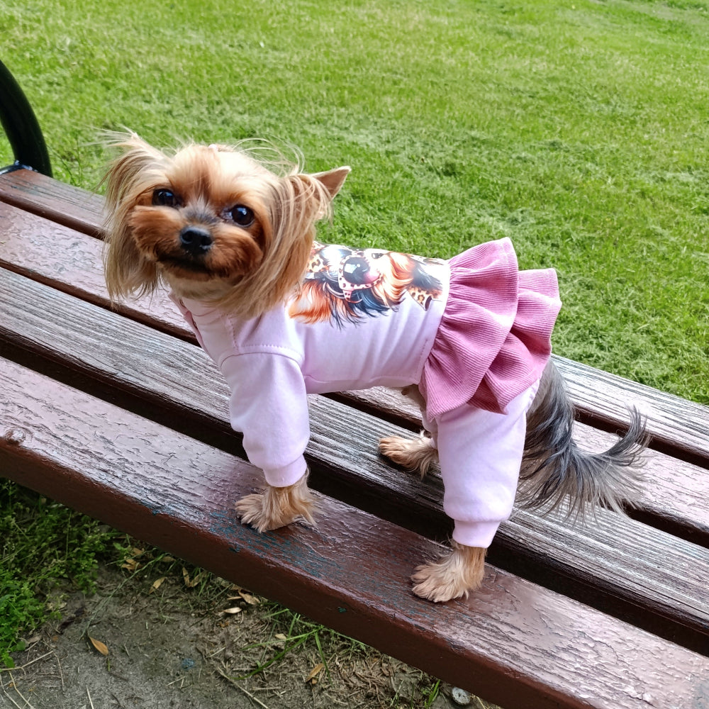 Girl Dog Outfit with Cute Yorkie Print. Stylish dog overall. Yorkie clothes
