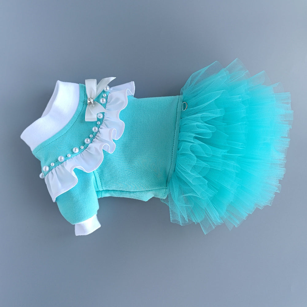 Turquoise pet dress with white ruffles and pearls