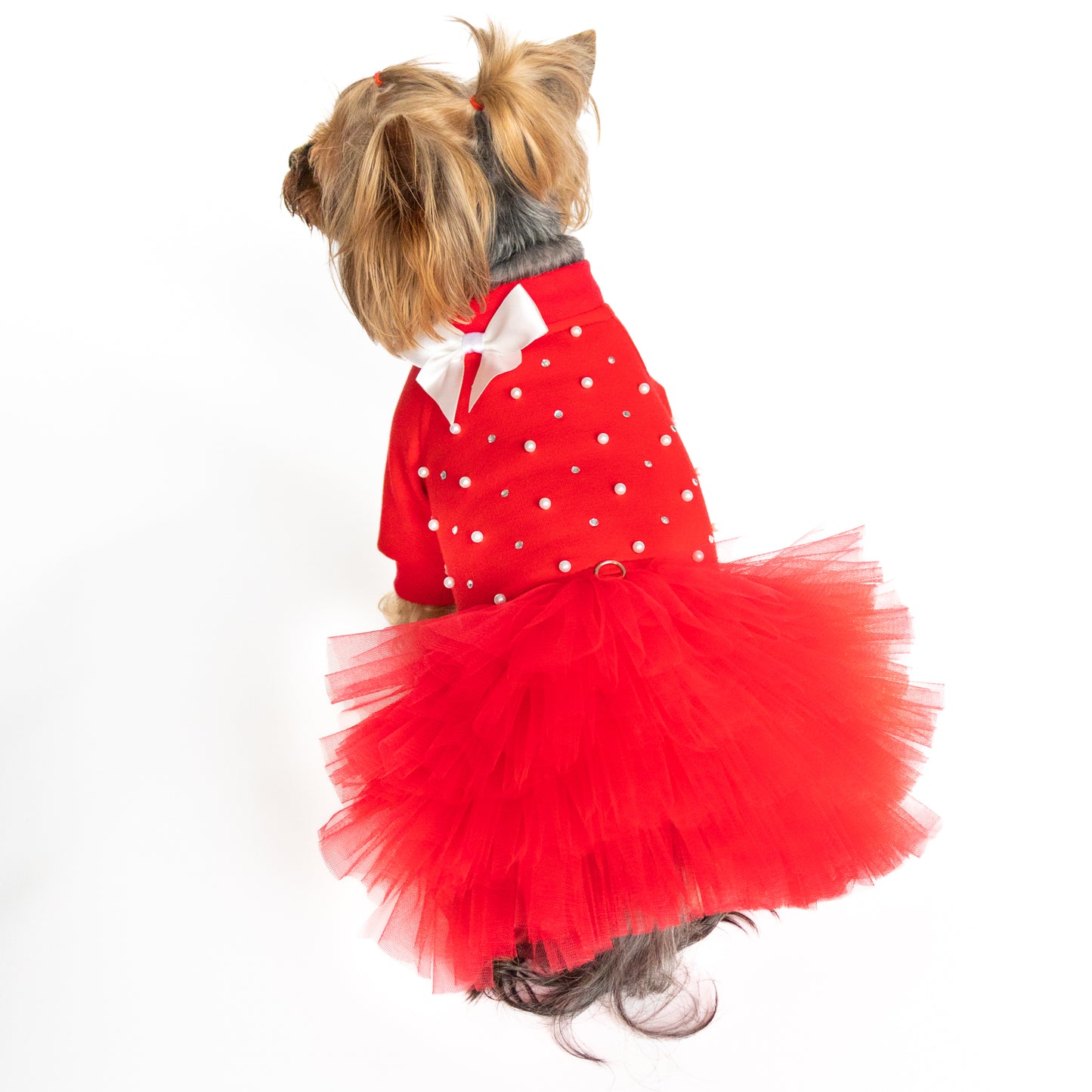 Cute Red Tutu Dog Dress β Pearls, Rhinestones & Snaps for Small Dogs. fancy red small dog dress. Cuty yorkie girl dog clothes