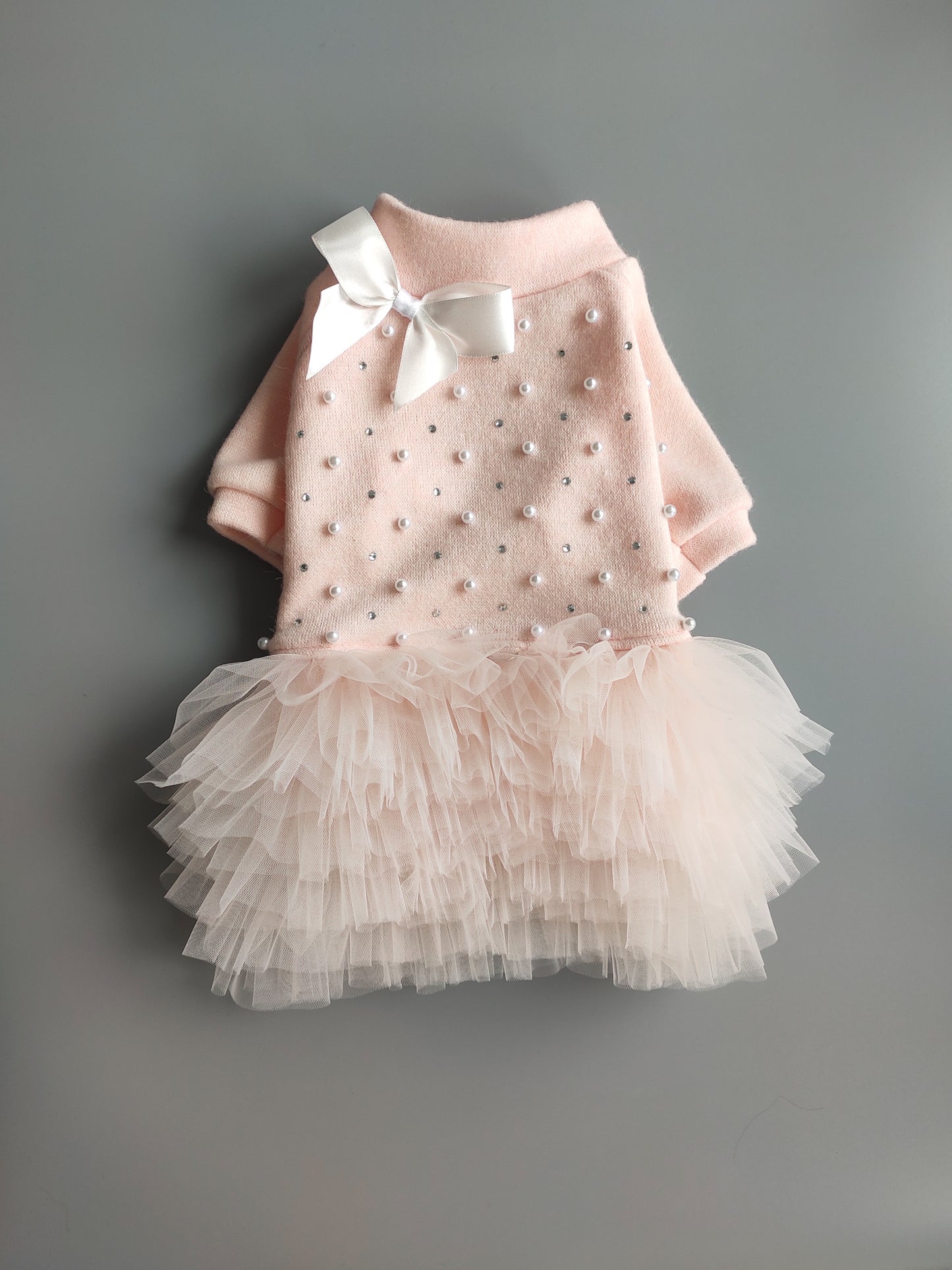 Peach tulle dog dress for small dogs – warm knit fabric with pearls and rhinestones, luxury outfit for toy breeds. Cute dog clothes