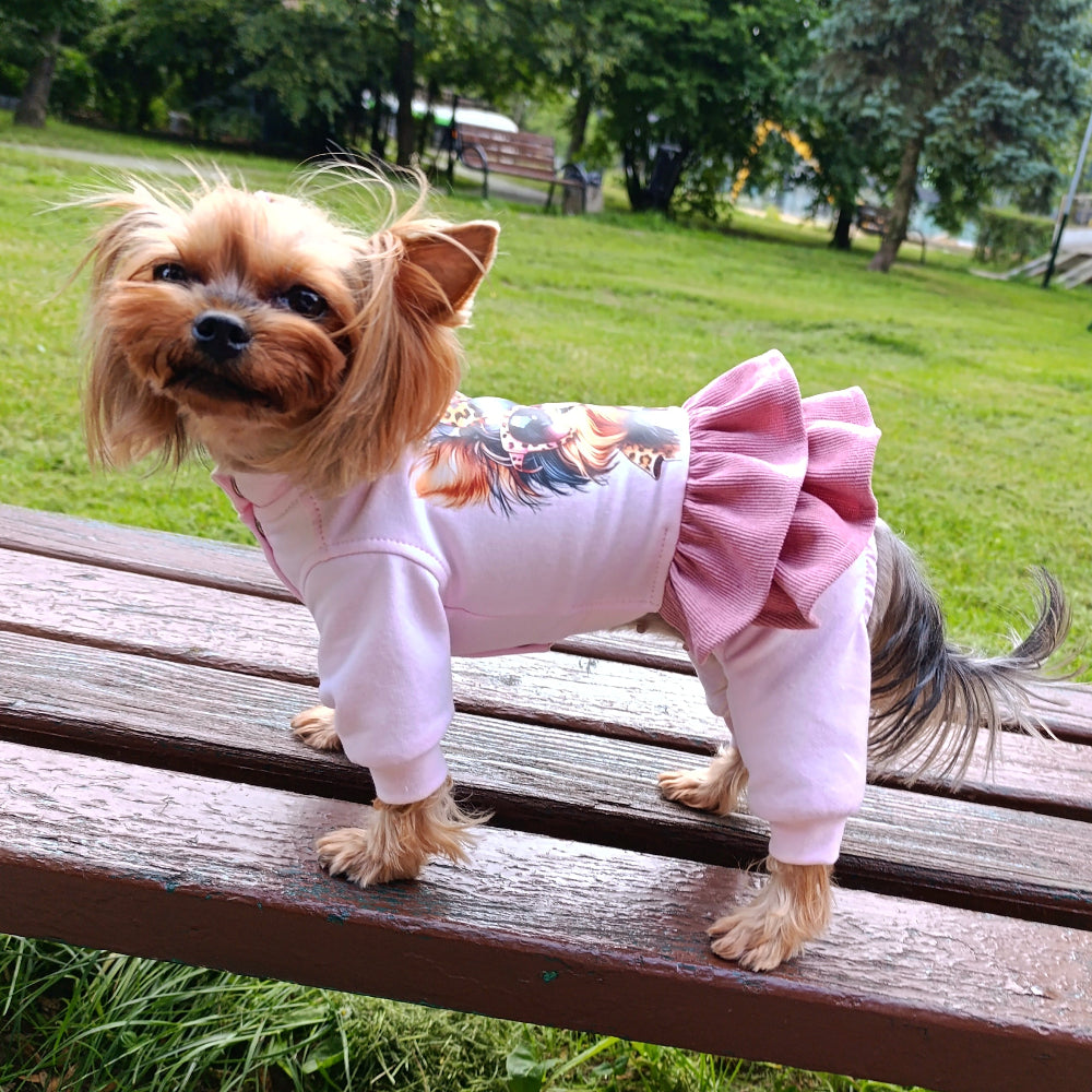 Girl Dog Jumpsuit with Cute Yorkie Print. Stylish dog overall. Yorkie clothes