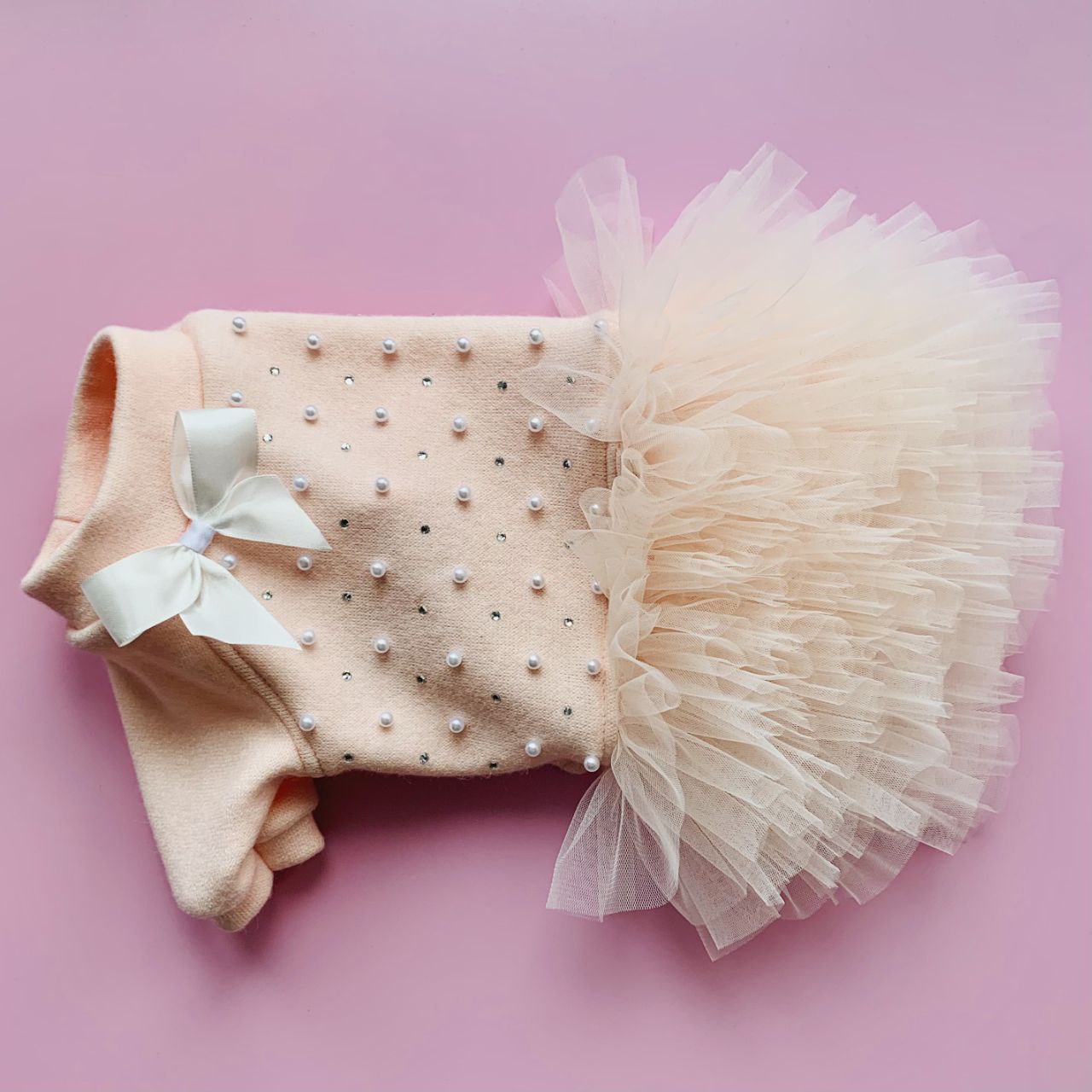 Peach tulle dog dress for small dogs – warm knit fabric with pearls and rhinestones, luxury outfit for toy breeds. Cute dog clothes
