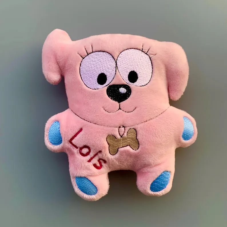 Personalized plush dog toy with embroidered name"  "Handmade soft dog toy – perfect gift for dog lovers"  "Custom embroidered dog toy made from plush fabric"  "Unique dog toy with name – handmade and personalized