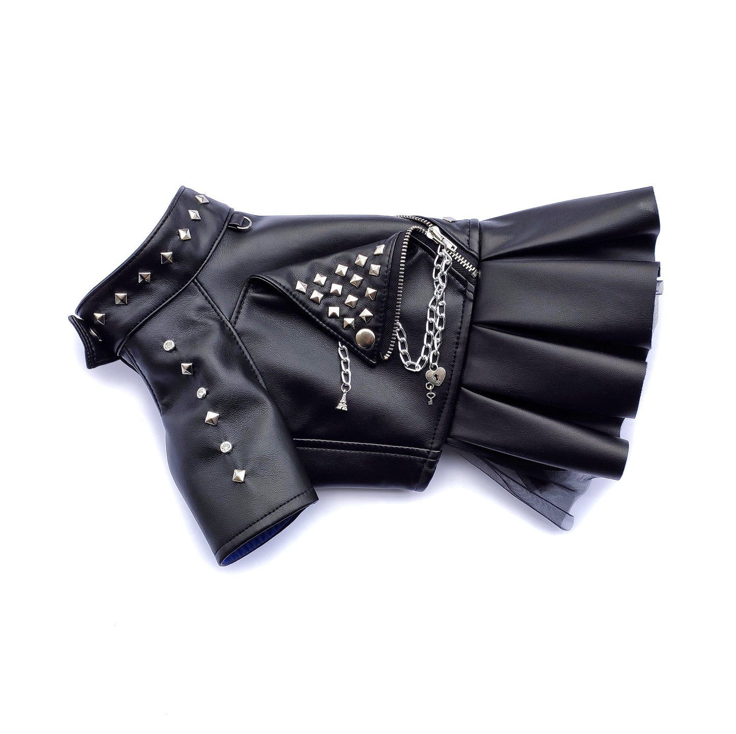 Handmade Biker Leather Jacket Dress for Dogs – Rocker Style Dog OutfitSmall dog wearing handmade black leather biker jacket dress
Rock-style dog outfit 