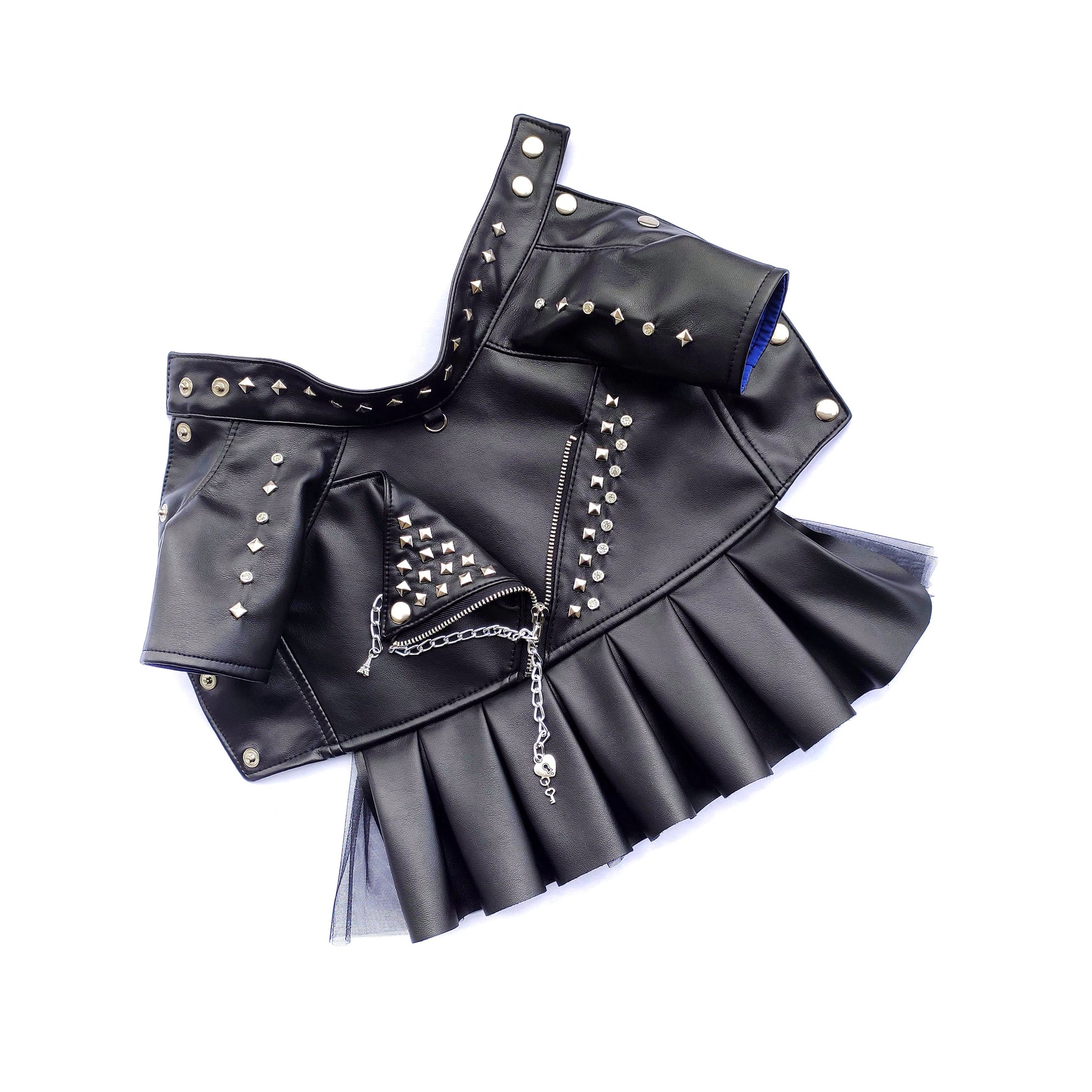 Handmade Biker Leather Jacket Dress for Dogs – Rocker Style Dog OutfitSmall dog wearing handmade black leather biker jacket dress
Rock-style dog outfit 
