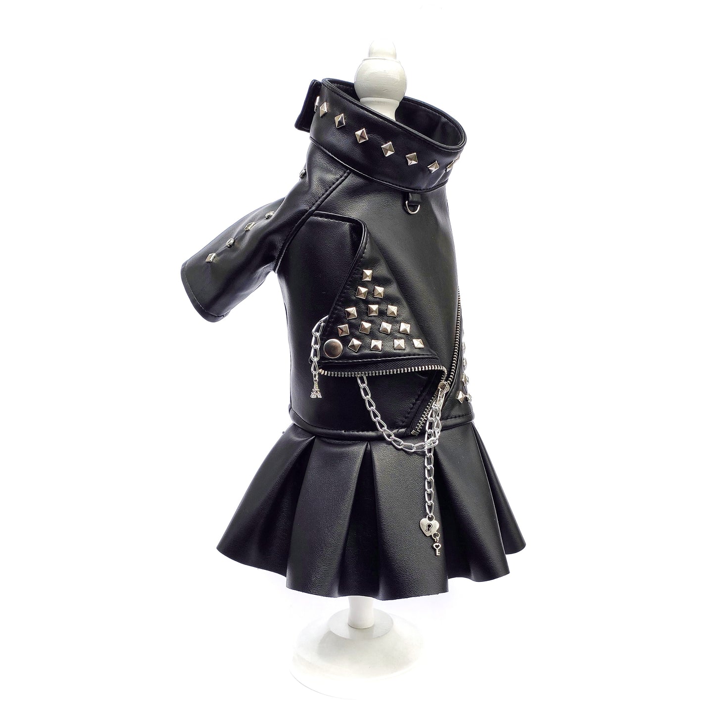 Handmade Biker Leather Jacket Dress for Dogs – Rocker Style Dog OutfitSmall dog wearing handmade black leather biker jacket dress
Rock-style dog outfit 