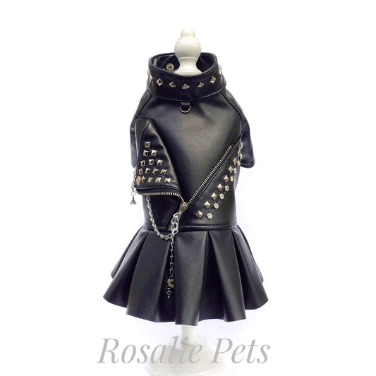 Handmade Biker Leather Jacket Dress for Dogs – Rocker Style Dog OutfitSmall dog wearing handmade black leather biker jacket dress
Rock-style dog outfit 