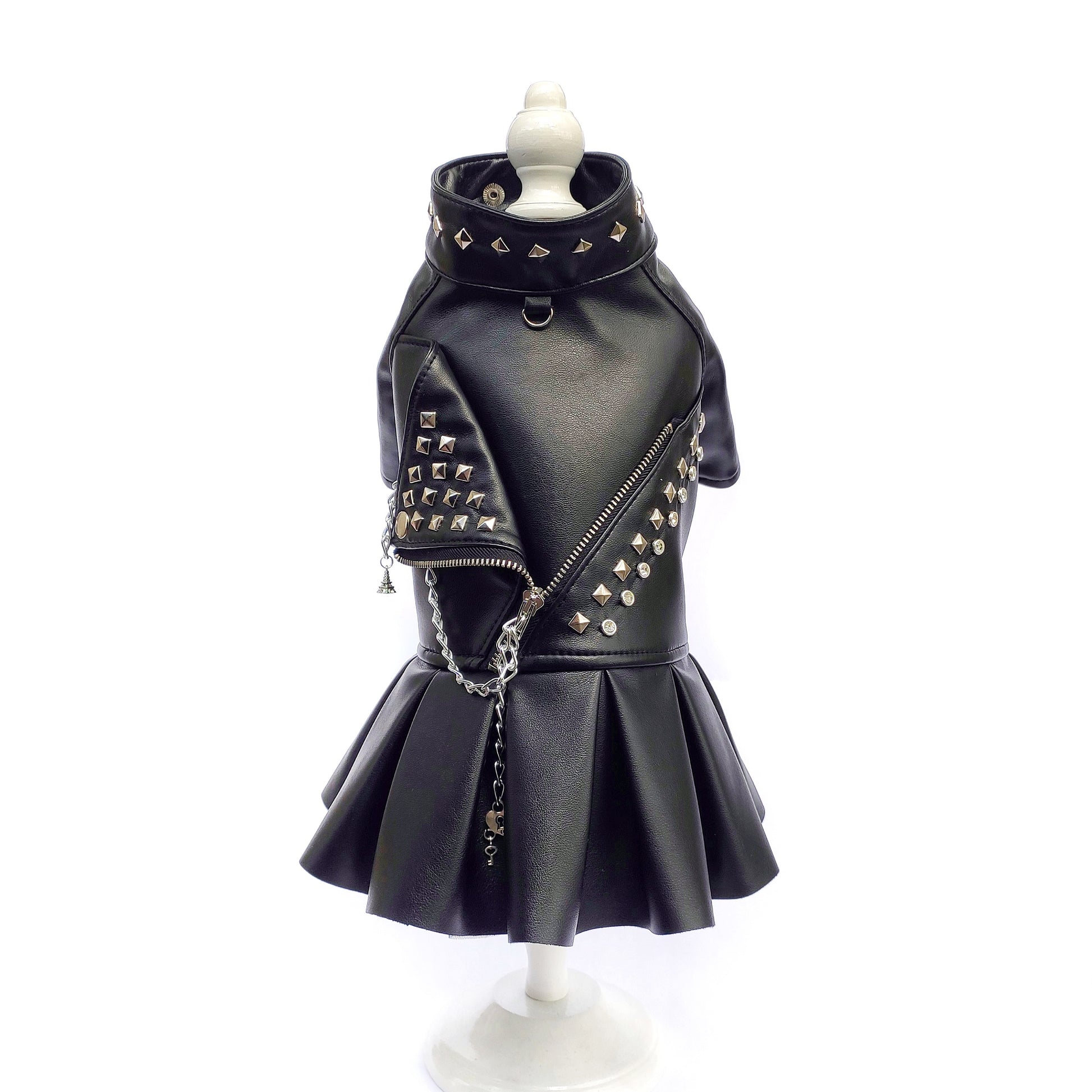 Handmade Biker Leather Jacket Dress for Dogs – Rocker Style Dog OutfitSmall dog wearing handmade black leather biker jacket dress
Rock-style dog outfit 