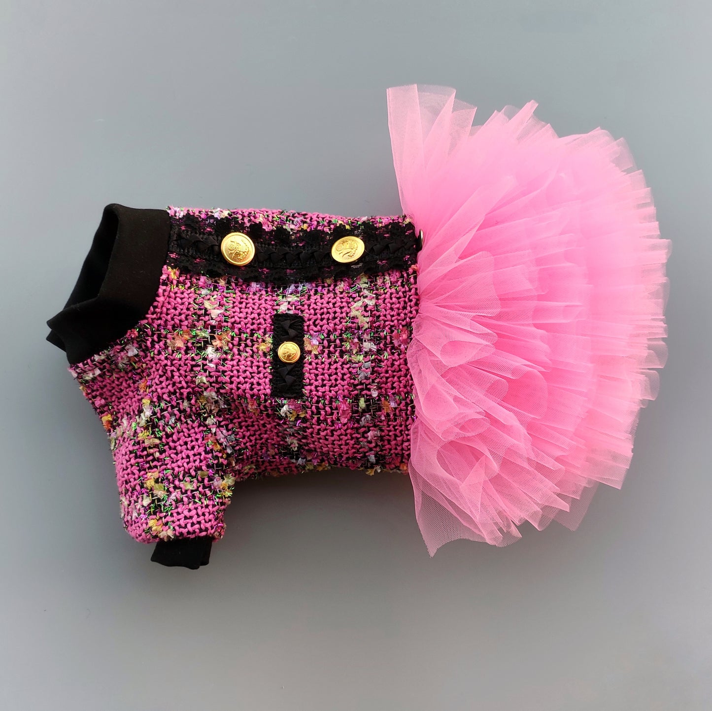 Stylish pink tweed dog dress with tutu skirt