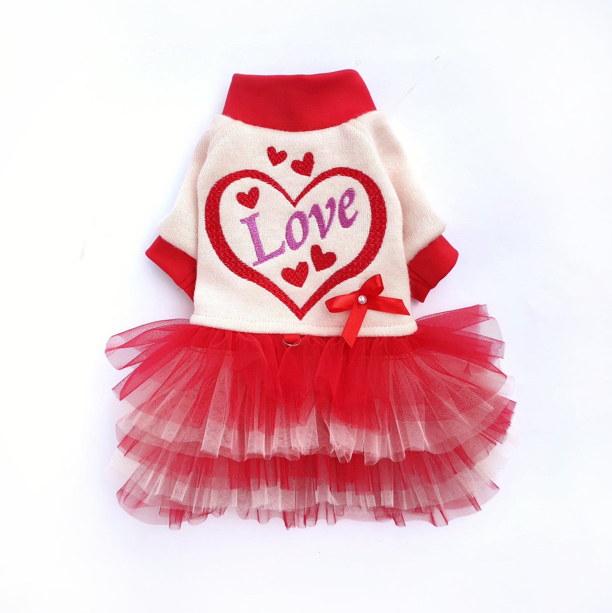 Romantic Knit Dog Dress with Heart Embroidery & Tulle Skirt
