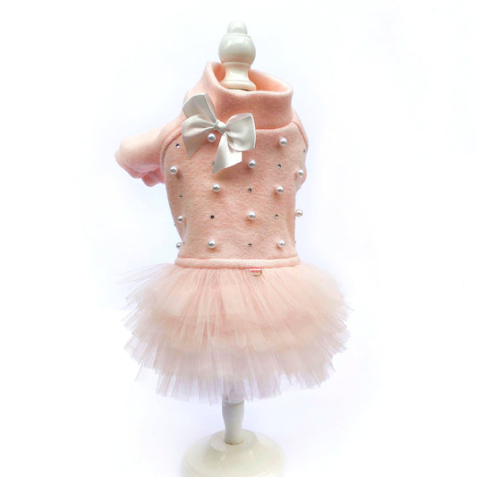 Peach tulle dog dress for small dogs – warm knit fabric with pearls and rhinestones, luxury outfit for toy breeds. Cute dog clothes