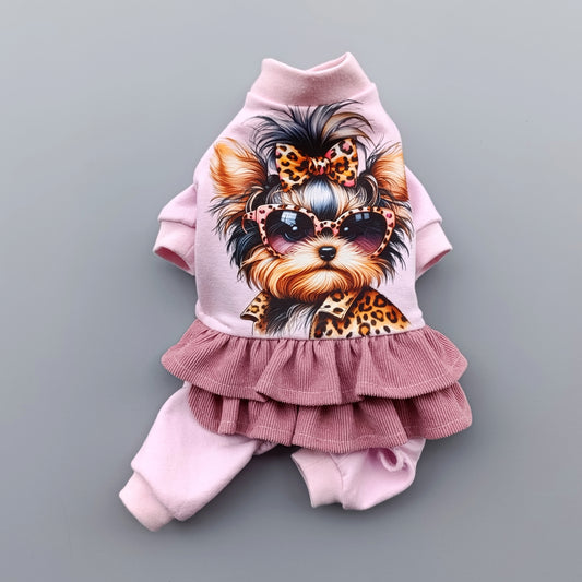 Girl Dog Jumpsuit with Cute Yorkie Print. Stylish dog overall. Yorkie clothes