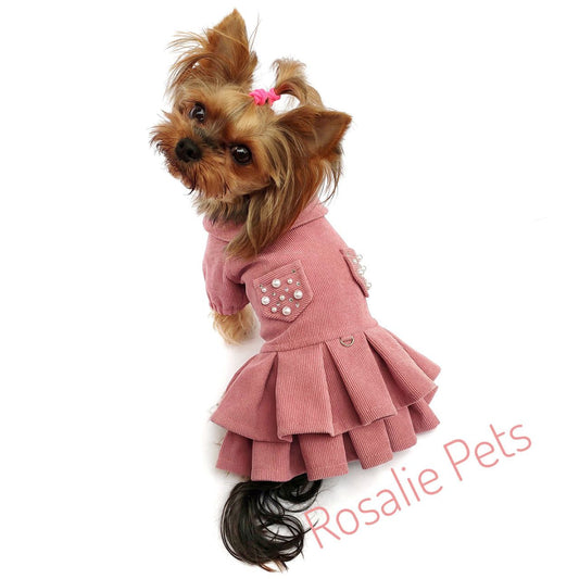 Designer Pink Corduroy Dress for Yorkshire Terrier and Small Dogs