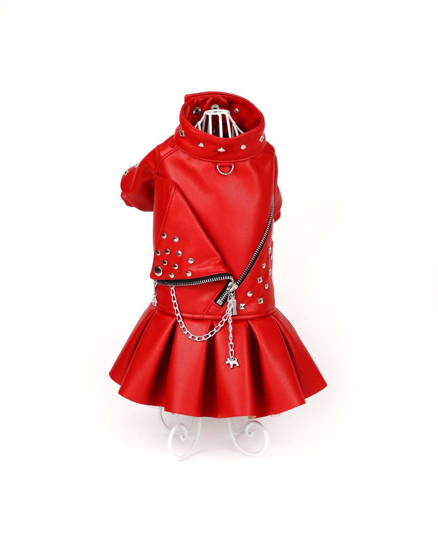 Designer red leather dog dress. Rock dog jacket. Biker dog clothing