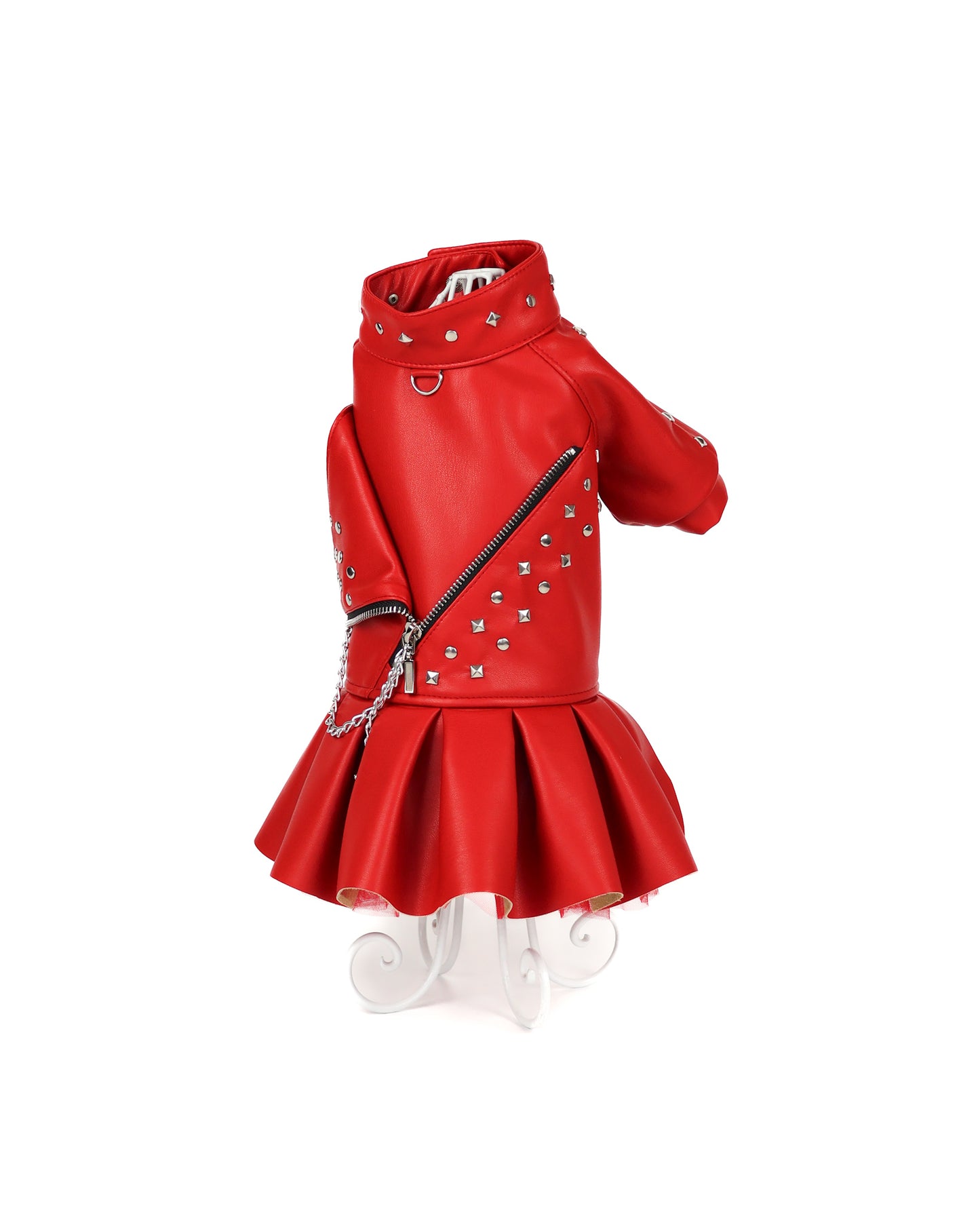 Designer red leather dog dress. Rock dog jacket. Biker dog clothing