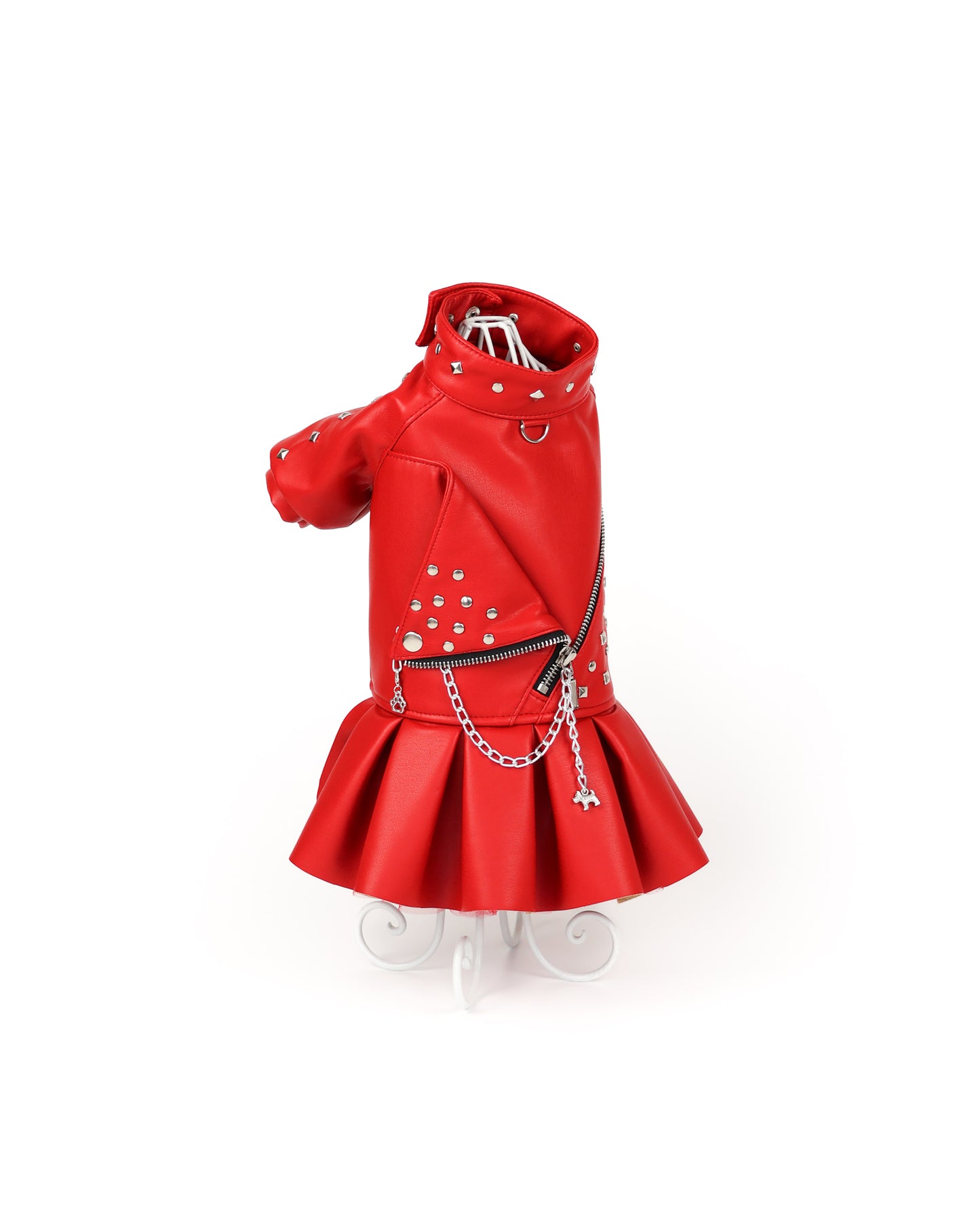 Designer red leather dog dress. Rock dog jacket. Biker dog clothing