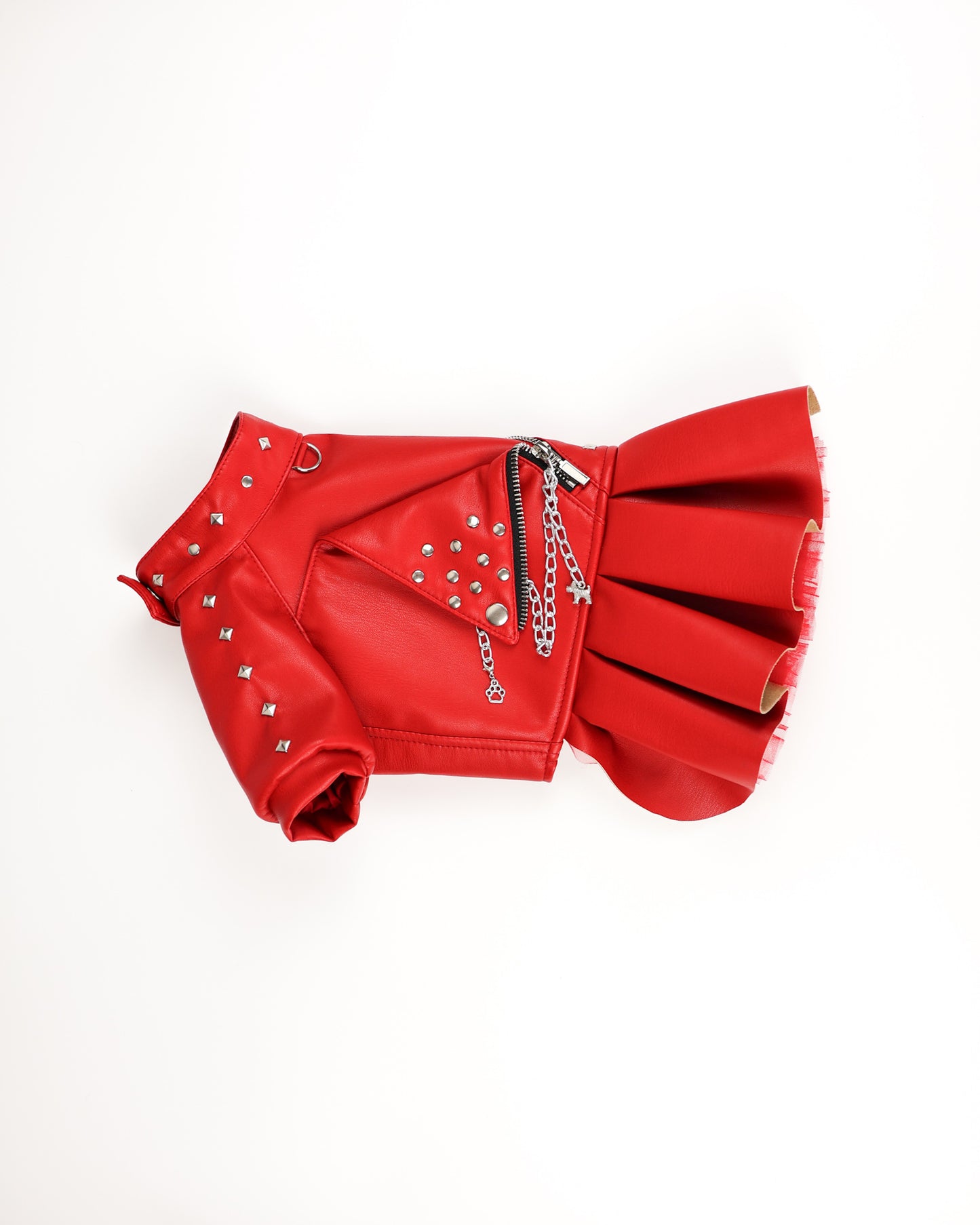 Designer red leather dog dress. Rock dog jacket. Biker dog clothing