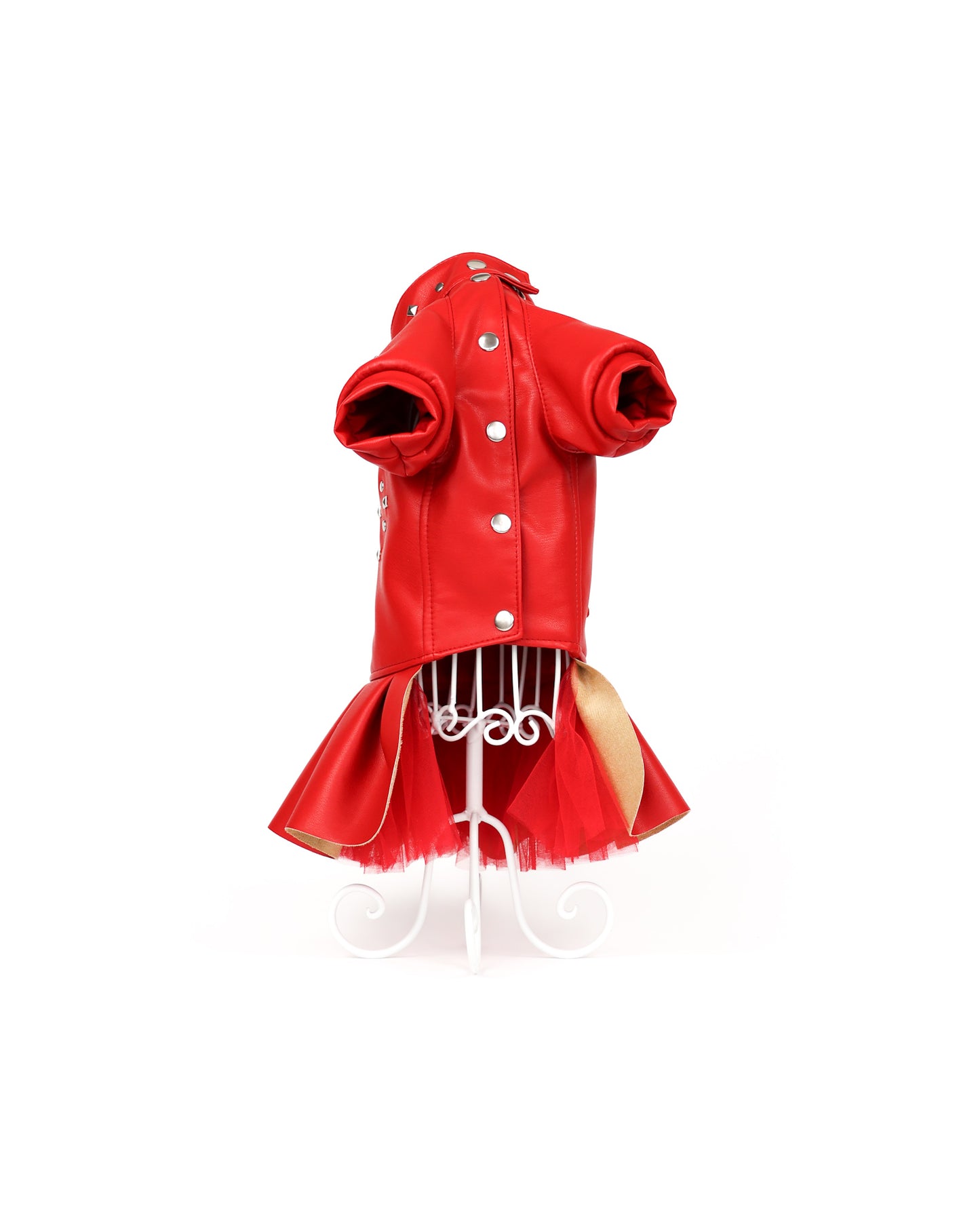 Designer red leather dog dress. Rock dog jacket. Biker dog clothing