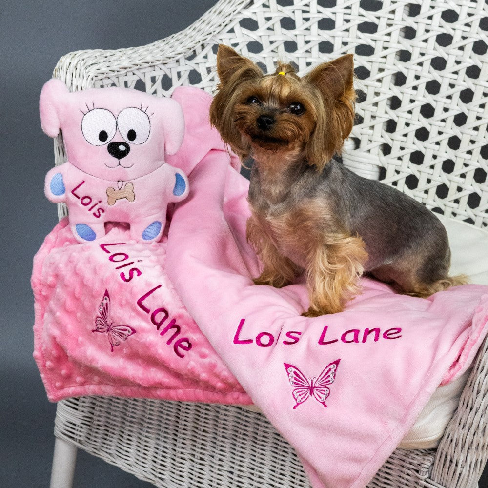 Personalized pink dog blanket and toy with name embroidery