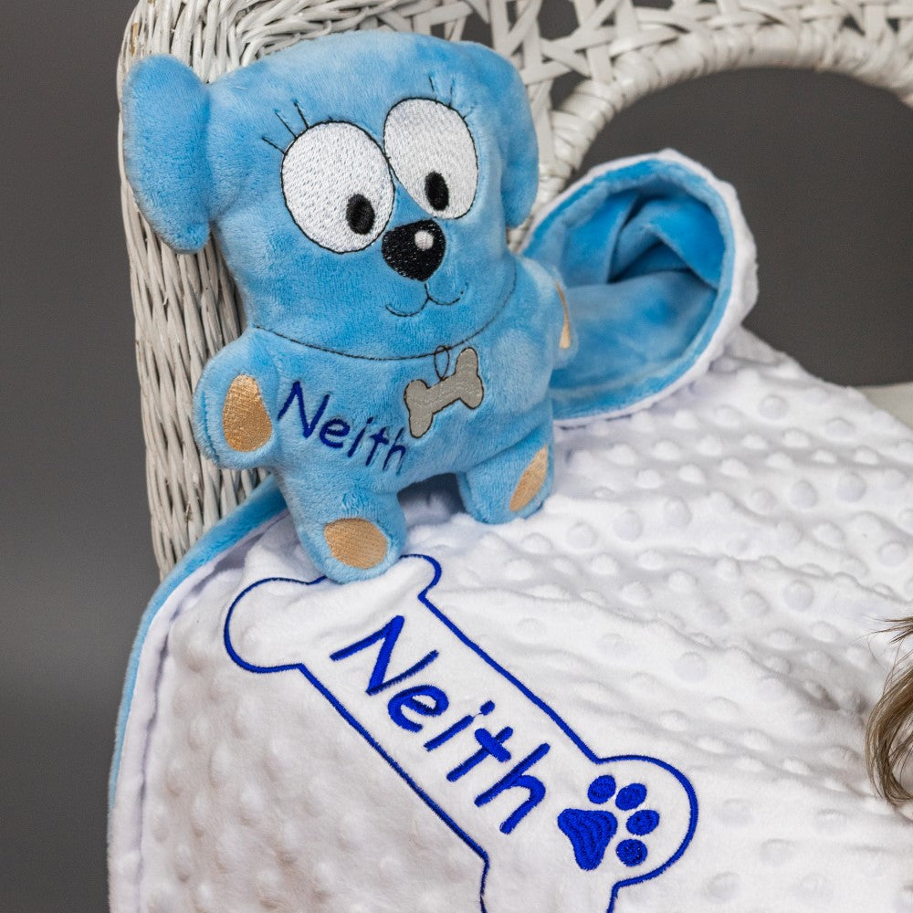 Personalized dog blanket and toy with name embroidery