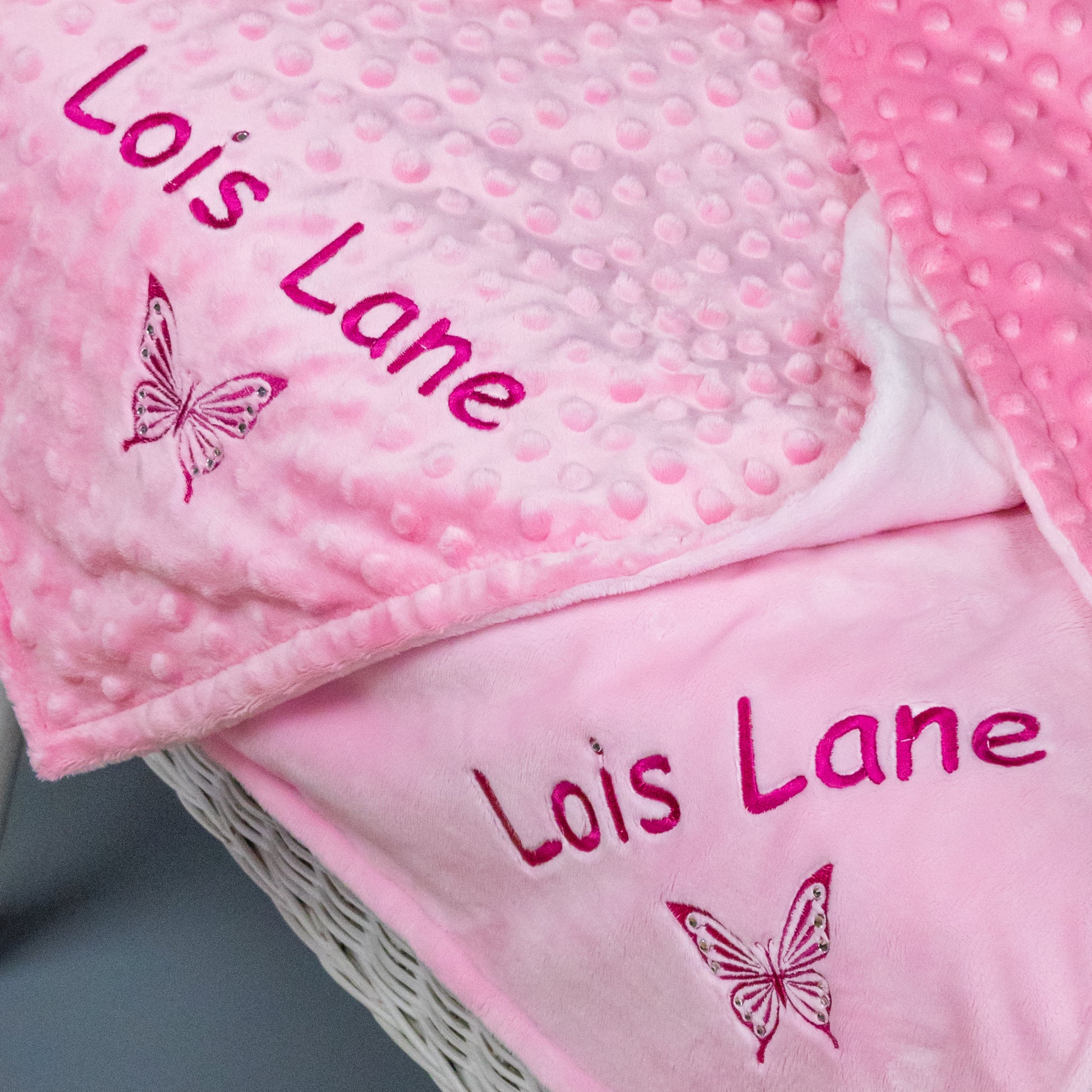 Personalized pink dog blanket and toy with name embroidery