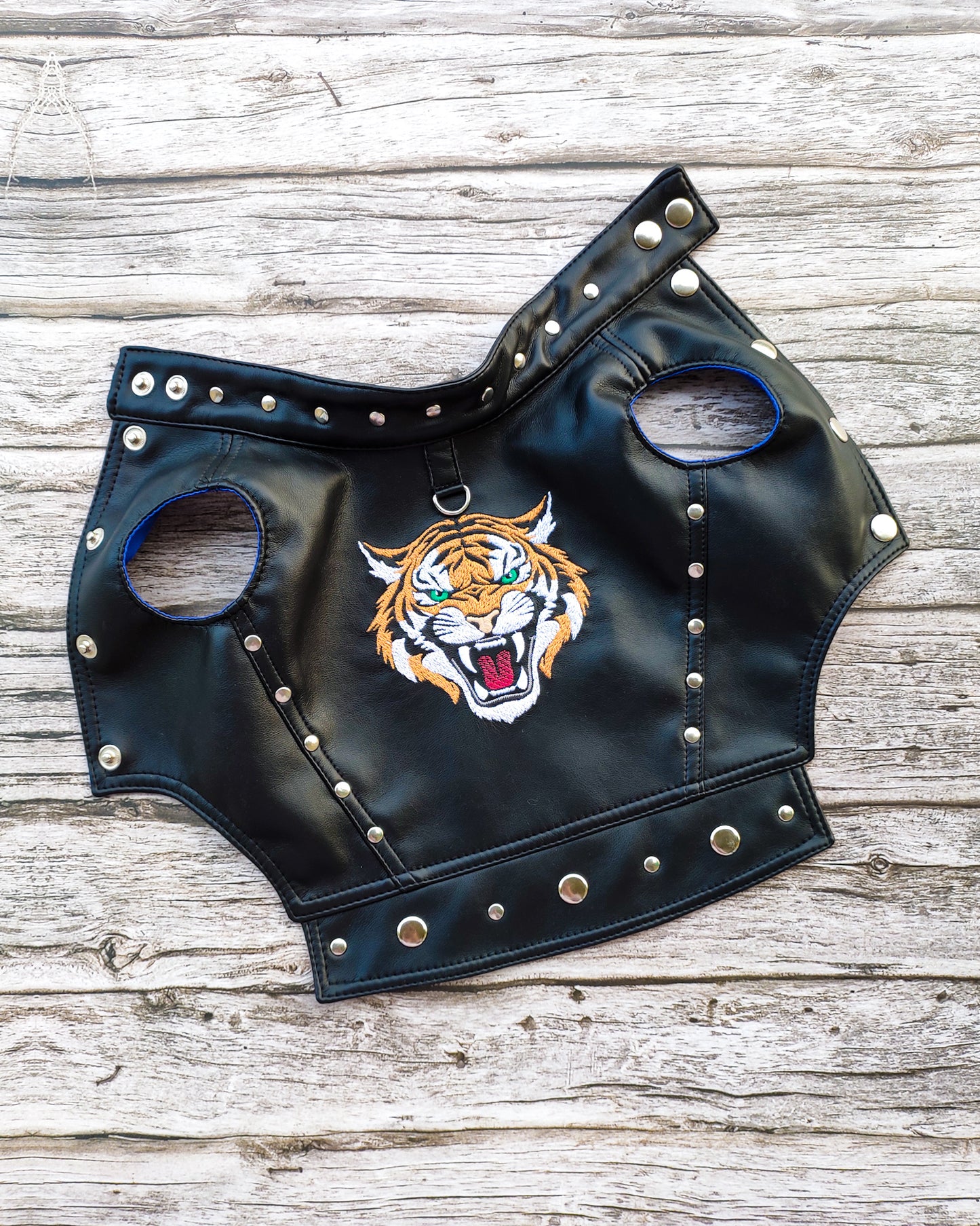 Biker dog leather jacket. Vegan leather dog vest with Tiger embroidery