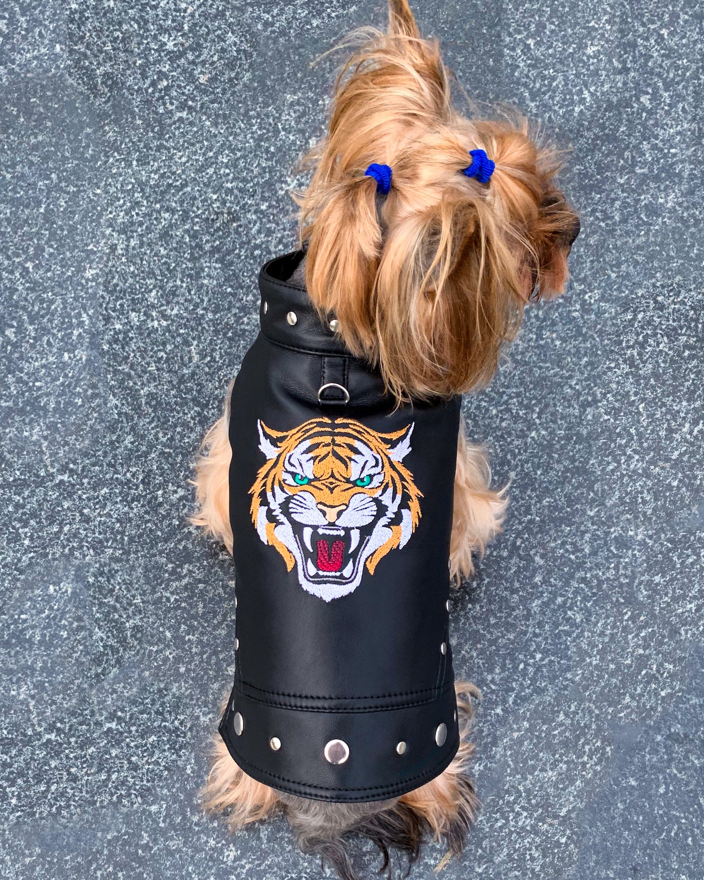 Biker dog leather jacket. Vegan leather dog vest with Tiger embroidery