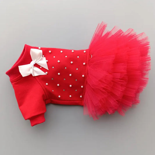Cute Red Tutu Dog Dress – Pearls, Rhinestones & Snaps for Small Dogs. fancy red small dog dress. Cuty yorkie girl dog clothes 