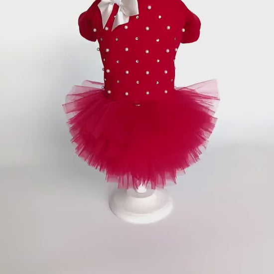 Cute Red Tutu Dog Dress – Pearls, Rhinestones & Snaps for Small Dogs. fancy red small dog dress. Cuty yorkie girl dog clothes 