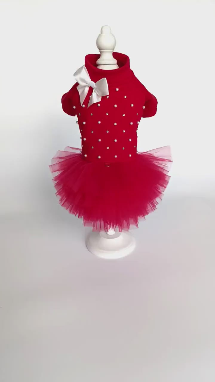 Cute Red Tutu Dog Dress – Pearls, Rhinestones & Snaps for Small Dogs. fancy red small dog dress. Cuty yorkie girl dog clothes 