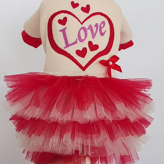 Romantic Knit Dog Dress with Heart Embroidery & Tulle Skirt