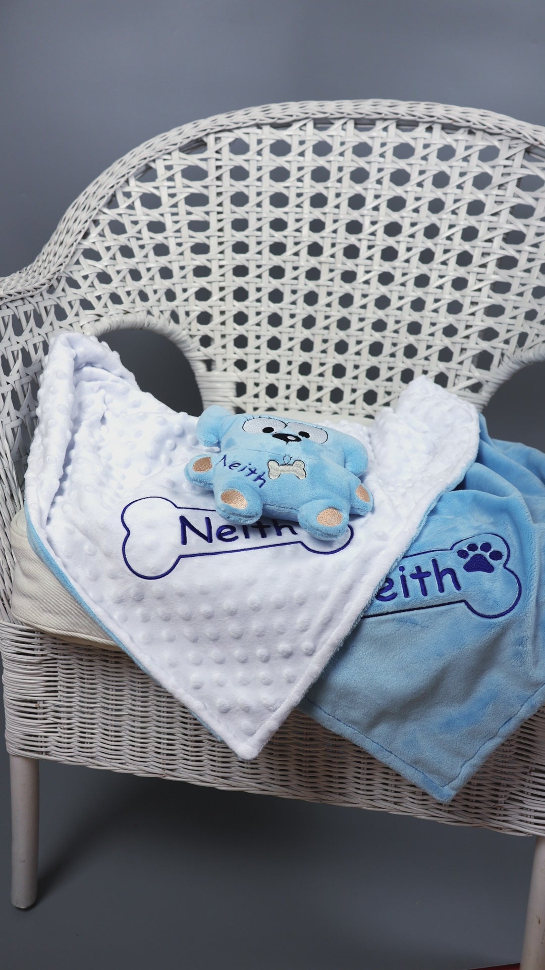 Personalized dog blanket and toy with name embroidery