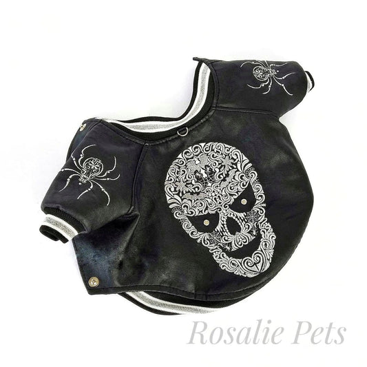 Black leather dog jacket with skull embroidery